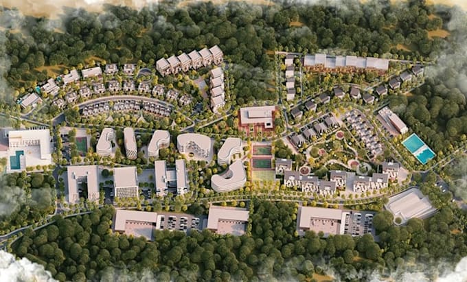 design large scale residential masterplan 3d aerial site plan real estate render