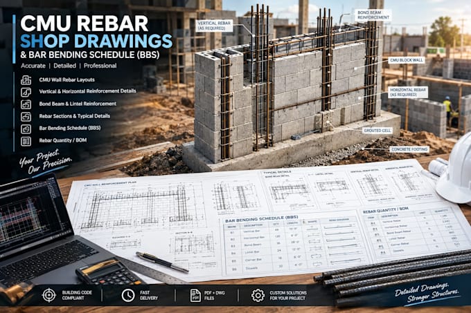 create cmu wall rebar shop drawings and bar bending schedule
