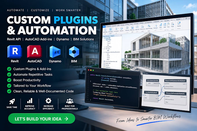 develop custom revit plugins, revit API, autocad addin, bim or dynamo automation
