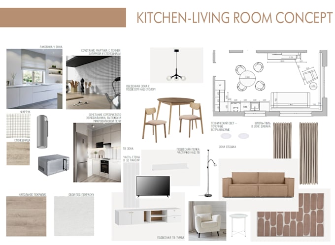 help interior designer with mood board, functional kitchen dining living room