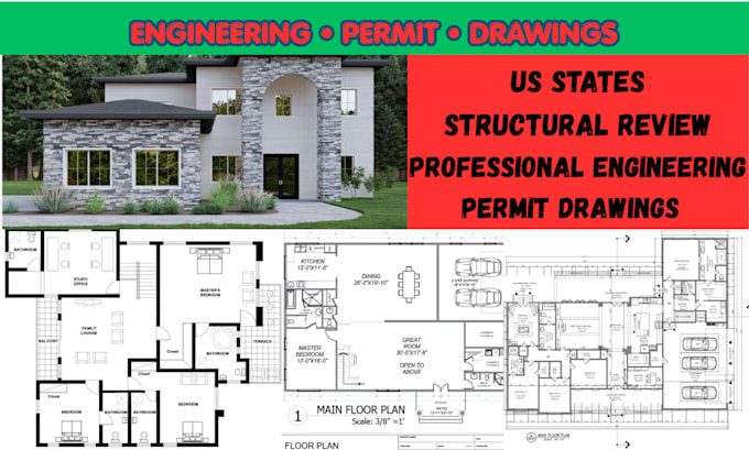 provide USA structural engineering review, permit drawings, stamp ca fl tx nc ge