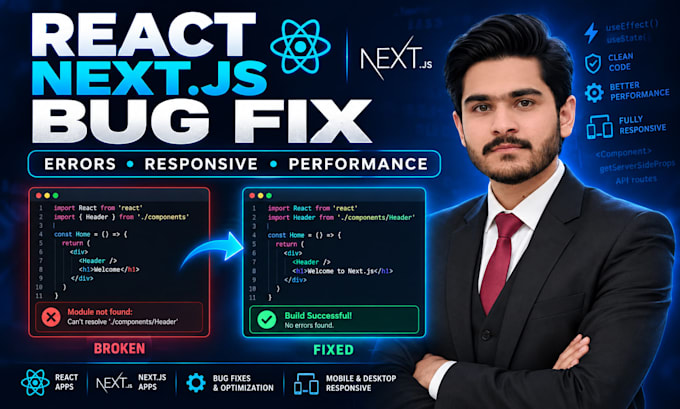 fix react and next js bugs responsive issues and frontend errors