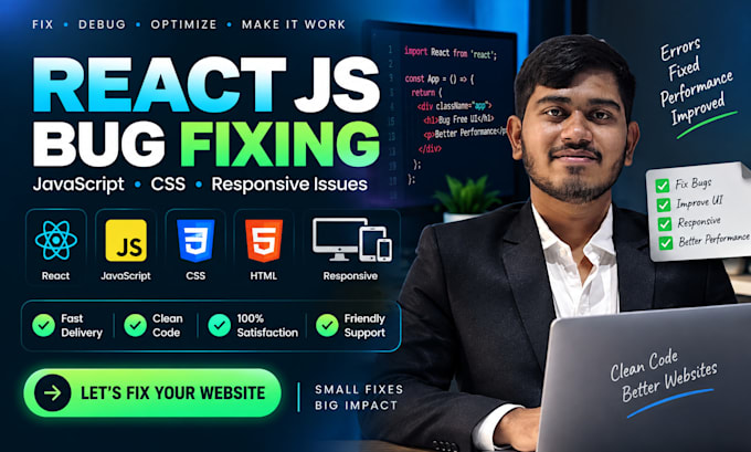 fix react js javascript CSS and responsive website bugs