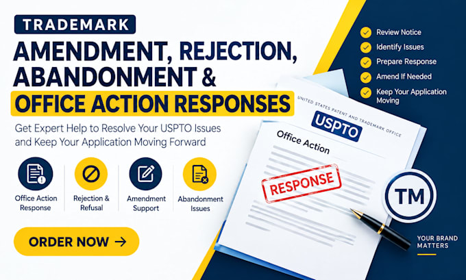 handle trademark amendment, rejection abandonment and office action responses
