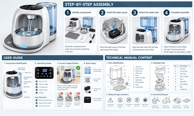 create product instruction manual assembly instructions, user guide and line art