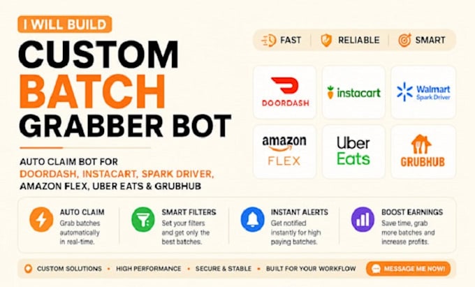 code spark driver bot, instacart bot, uber bot, grabber bot and doordash bot