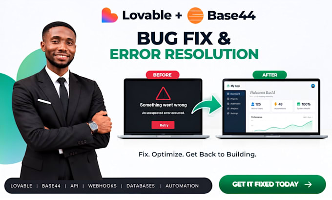 fix lovable, base44 bugs, errors, API and automation issues in 1hr