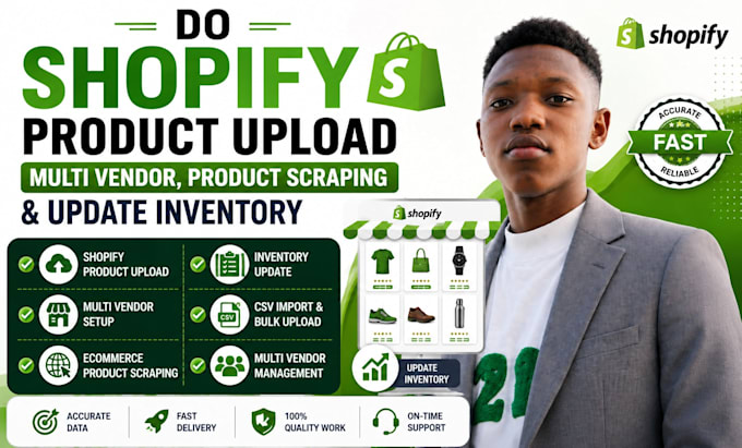 do shopify product upload, multi vendor, product scraping and update inventory