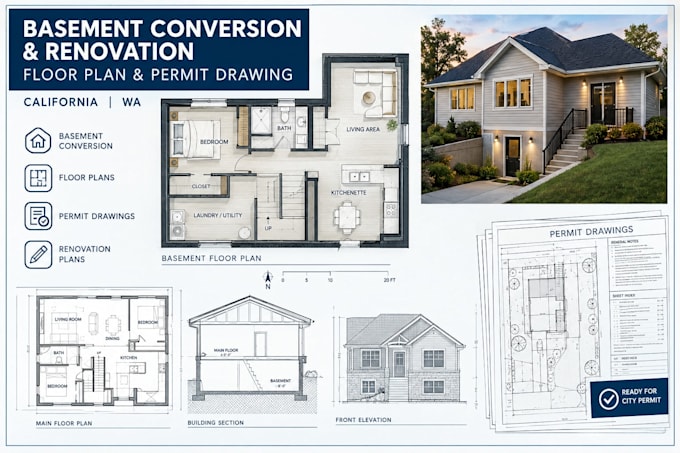 do basement conversion, renovation, floor plan and permit drawings california wa