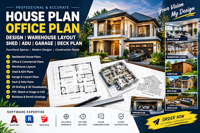 house plan office plan design, warehouse layout, shed, adu, garage, deck plan
