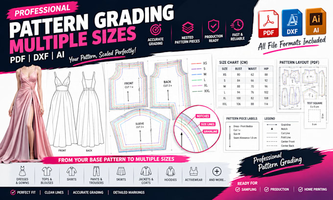 sewing pattern, size grading into multiple sizes PDF dxf ai for manufacturing