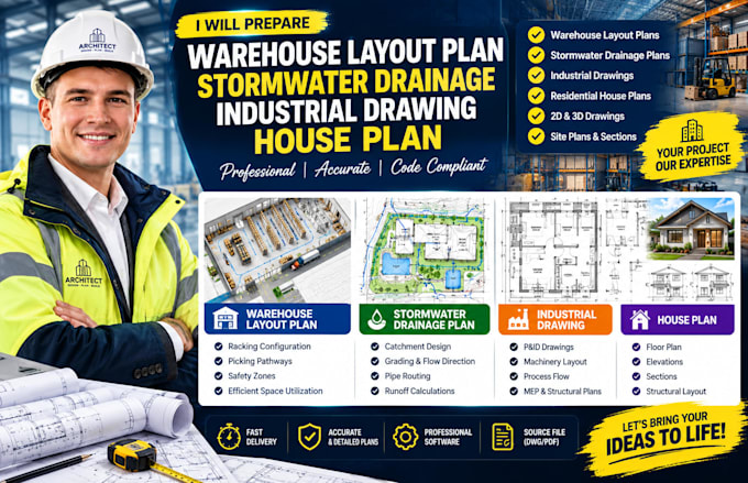 prepare warehouse layout plan stormwater drainage industrial drawing house plan