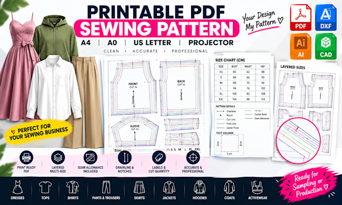 create printable PDF sewing pattern layered a4 a0 US letter projector