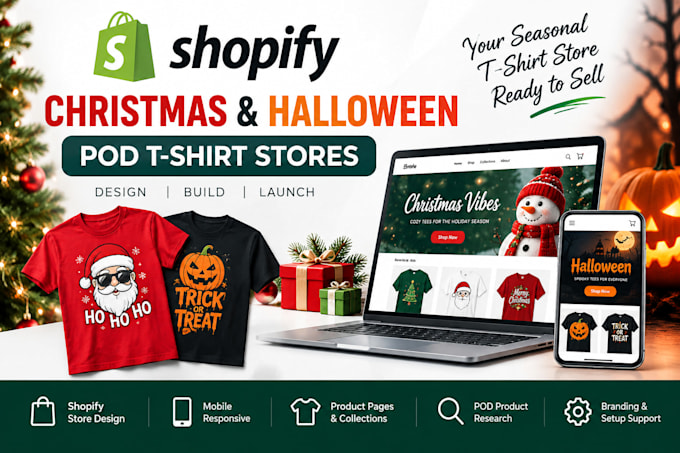 build design christmas shopify store halloween pod tshirt website