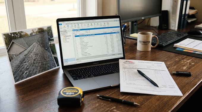 write a detailed xactimate roof replacement estimate with esx file