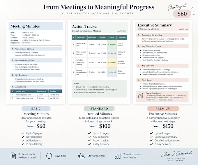 create professional meeting minutes and action trackers