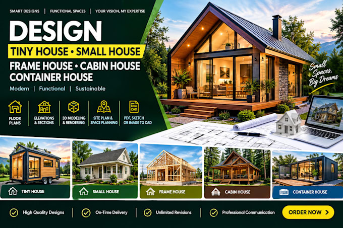 design tiny house, small house, frame house, cabin house, container house