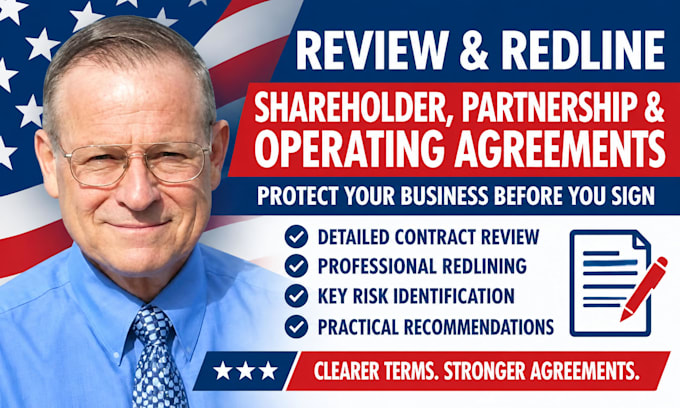 review and redline shareholder, partnership, and operating agreements