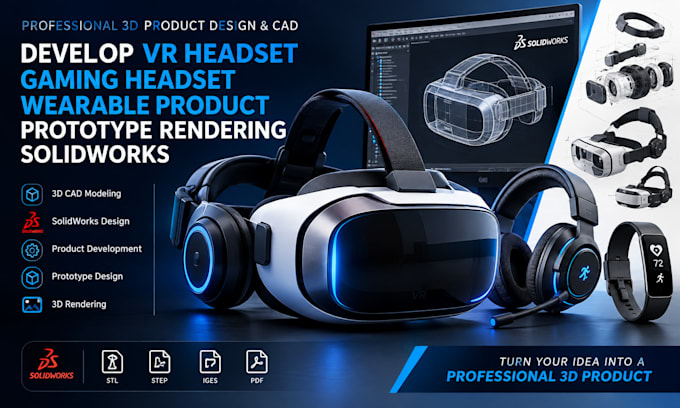 develop VR headset gaming headset wearable solidworks product prototype renderin