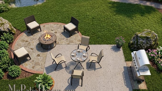 draw 2d backyard hardscape layout for patio deck and fire pit plan