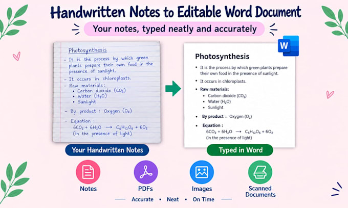 type handwritten notes, pdfs and images into word