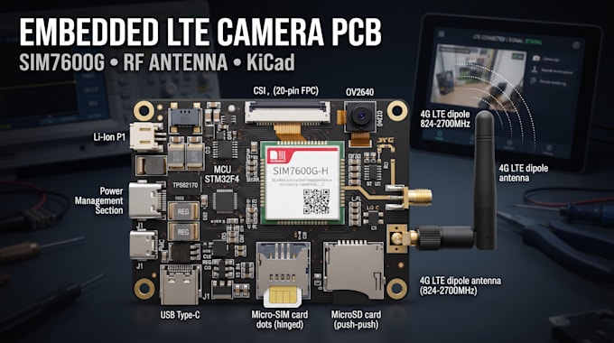 design embedded lte pcb with sim7600g, rf antenna, camera and kicad layout