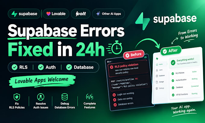fix supabase errors, rls, auth and database bugs in lovable ai app