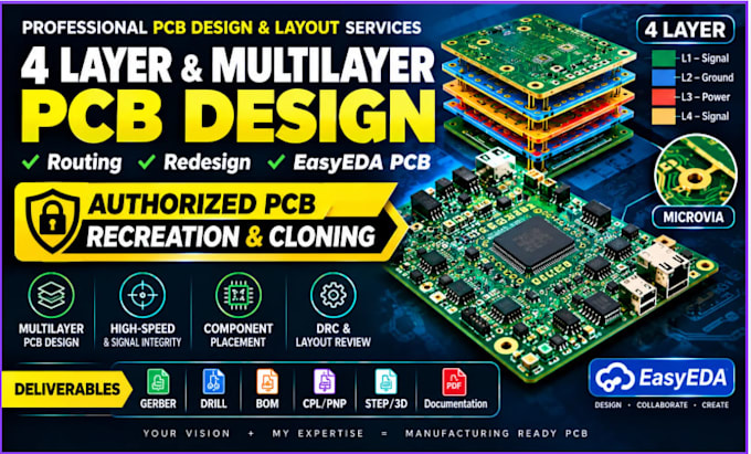 design 4 layer multilayer pcb, easyeda pcb, redesign with gerber files