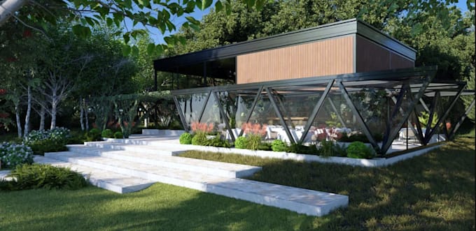 model 3d forest restaurant, small facade villa render, exterior landscape design