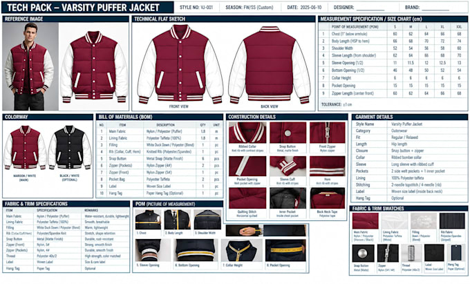 create a puffer jacket, varsity jacket, bomber jacket, for manufacturing