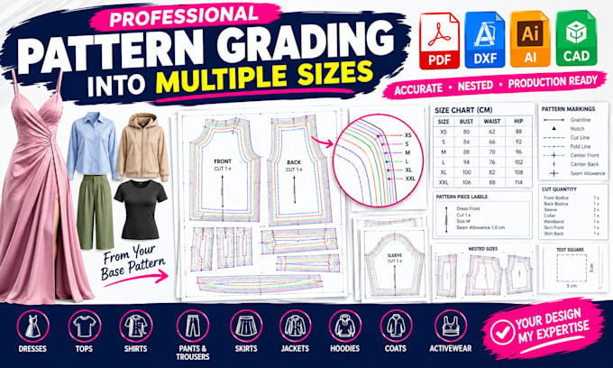 sewing pattern, pattern grading to multiple sizes with PDF dxf ai size grading