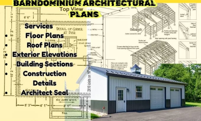 draw barndominium architectural plans, roof plan, elevation, section, architect