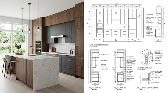 create kitchen cabinet shop drawings, cad technical drawings and manufacturing