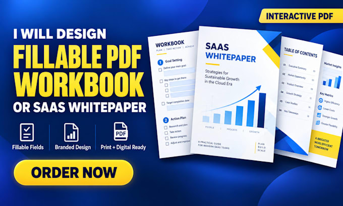 design a fillable PDF workbook or saas whitepaper