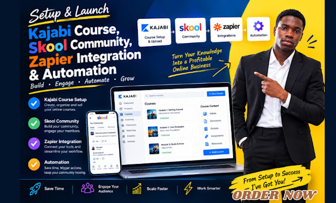 setup kajabi course setup, skool community, zapier  integration, automation