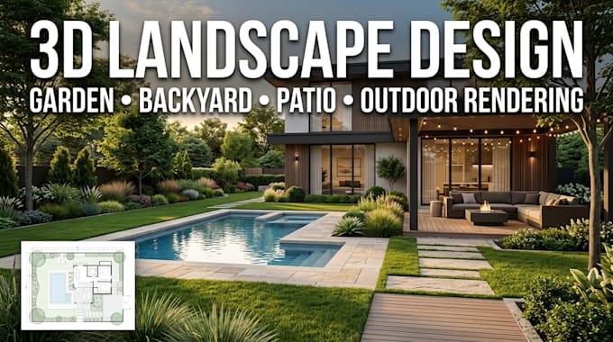 3d landscape design, garden, backyard, patio and outdoor rendering