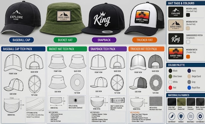 do baseball cap, bucket hat, snapback, trucker hat tech pack for manufacturing