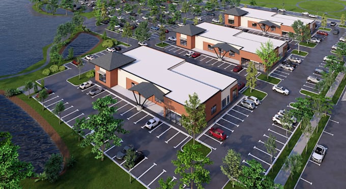render mixed use plaza from pdf plan, strip mall complex layout, retail unit cgi
