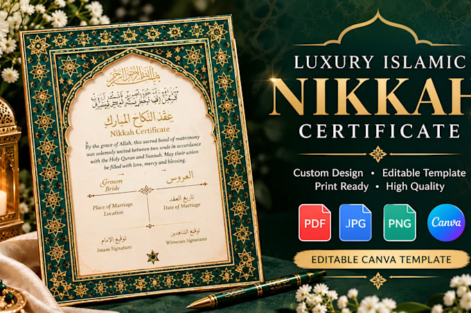 design a luxury editable islamic nikkah wedding certificate