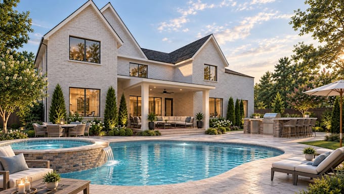 realistic pool, backyard, exterior and landscape 3d design and