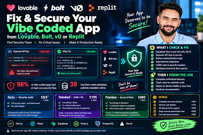 fix and secure your vibe coded app from lovable, bolt, v0 or replit