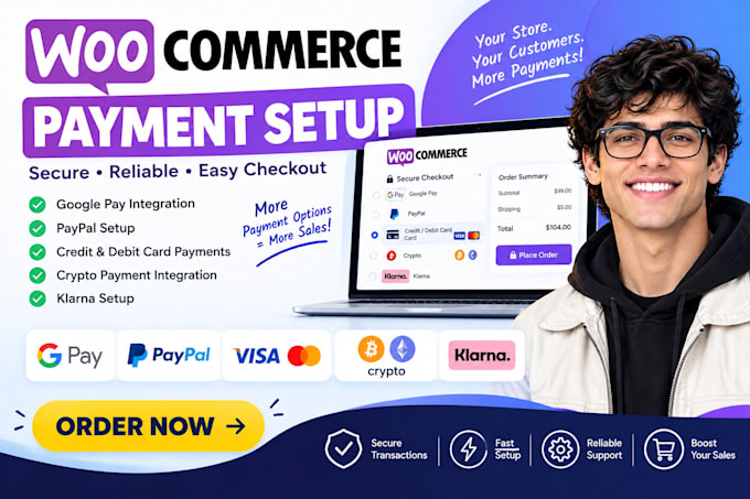 setup woocommerce google pay, paypal, credit debt card, crypto payment, klarna