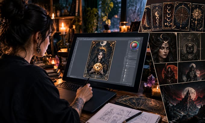 create dark gothic wicthy tarot card art and mystical illustrations