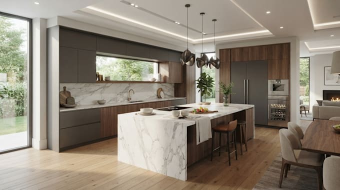 design kitchen, 3d rendering, house plan and interior design