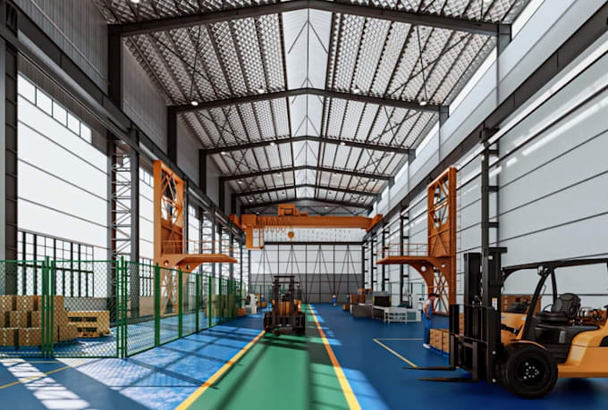 optimize warehouse layout for storage, loading dock layout,factory cgi rendering