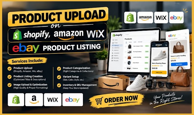 do product upload on shopify, amazon, wix product listing ebay listing