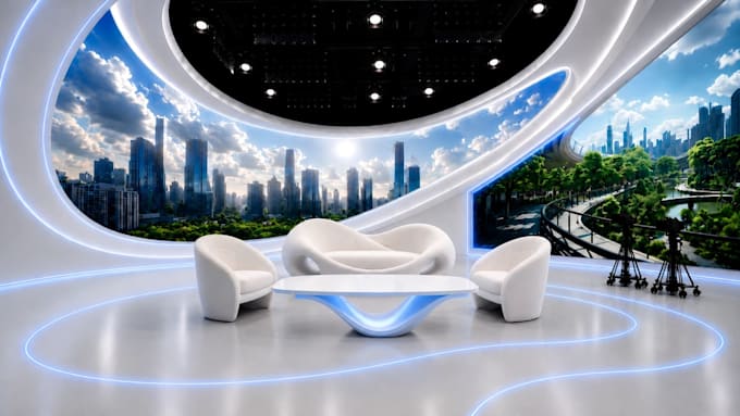 do 3d tv studio setup interior design for news broadcast, podcast, shows design