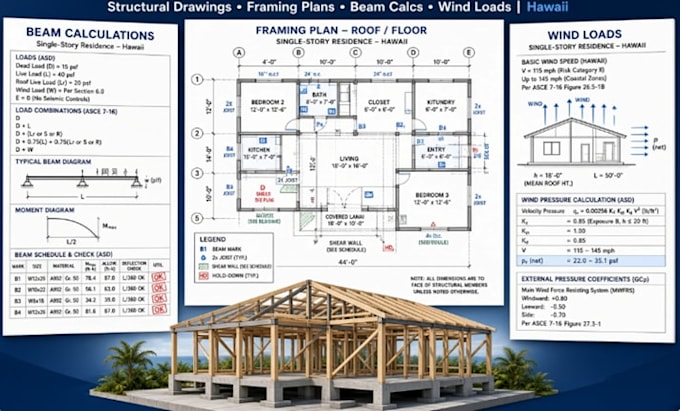 design structural drawings framing plans beam calculations and wind loads hawaii