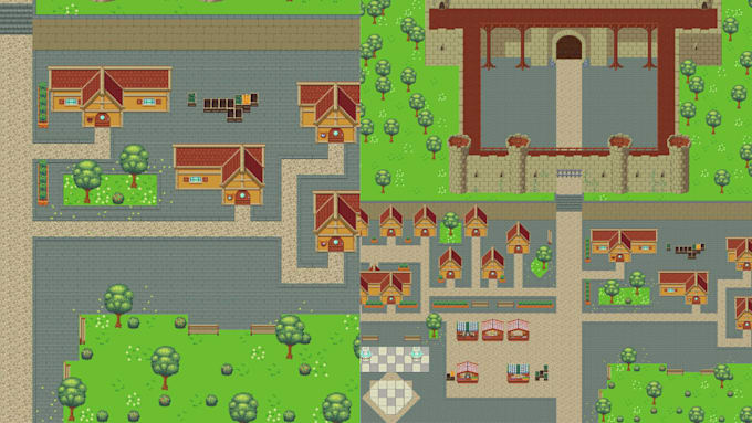 do 2d topdown pixel art, game assets tilemap, rpg maker pixel background