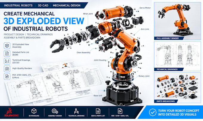 create mechanical 3d exploded view of industrial robots product design  drawings